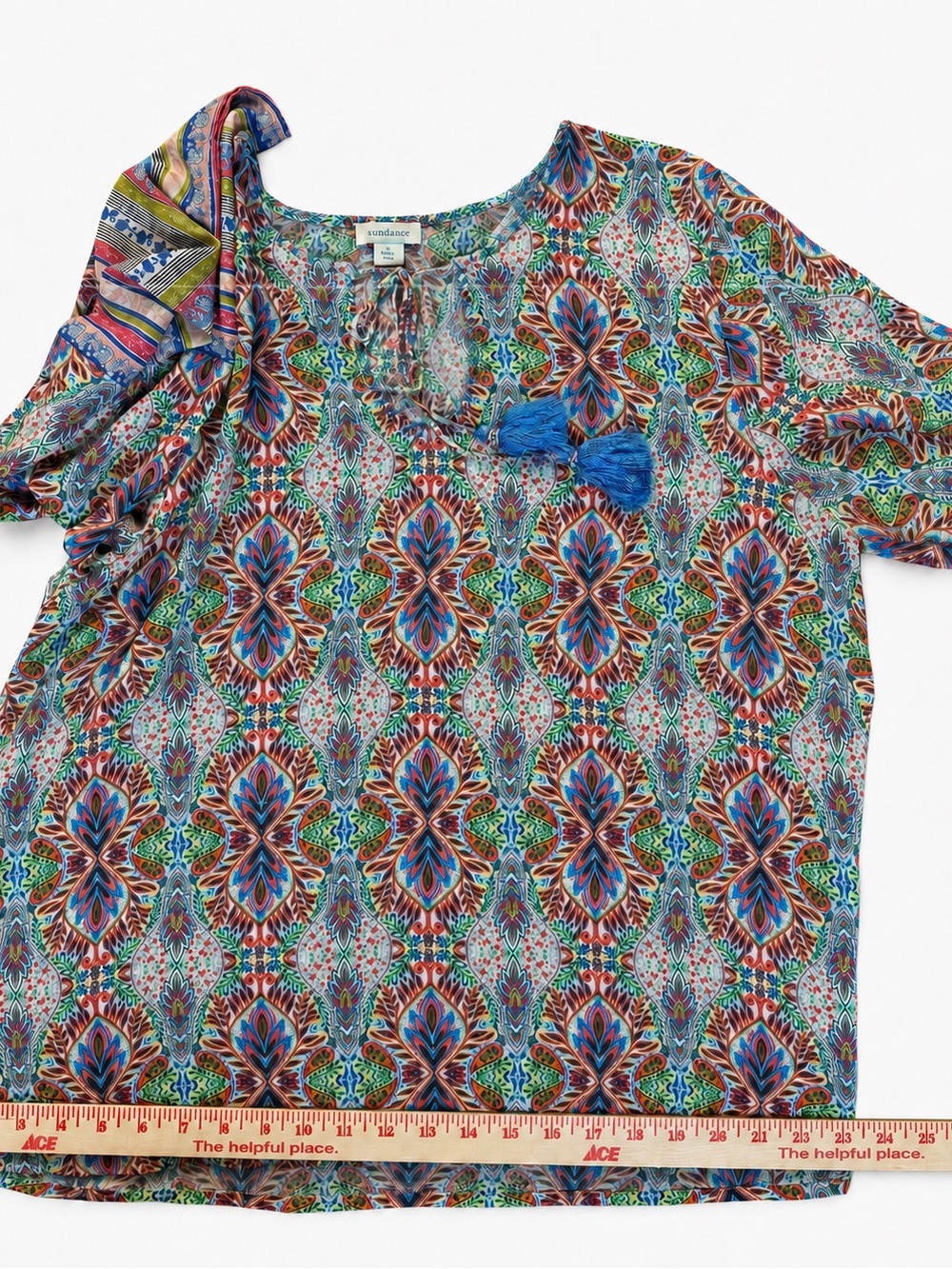 Sundance Flowy Boho Tassel Top Colorful Artisan Print Blouse Size L. Gorgeous ⚡️ - Picture 12 of 14